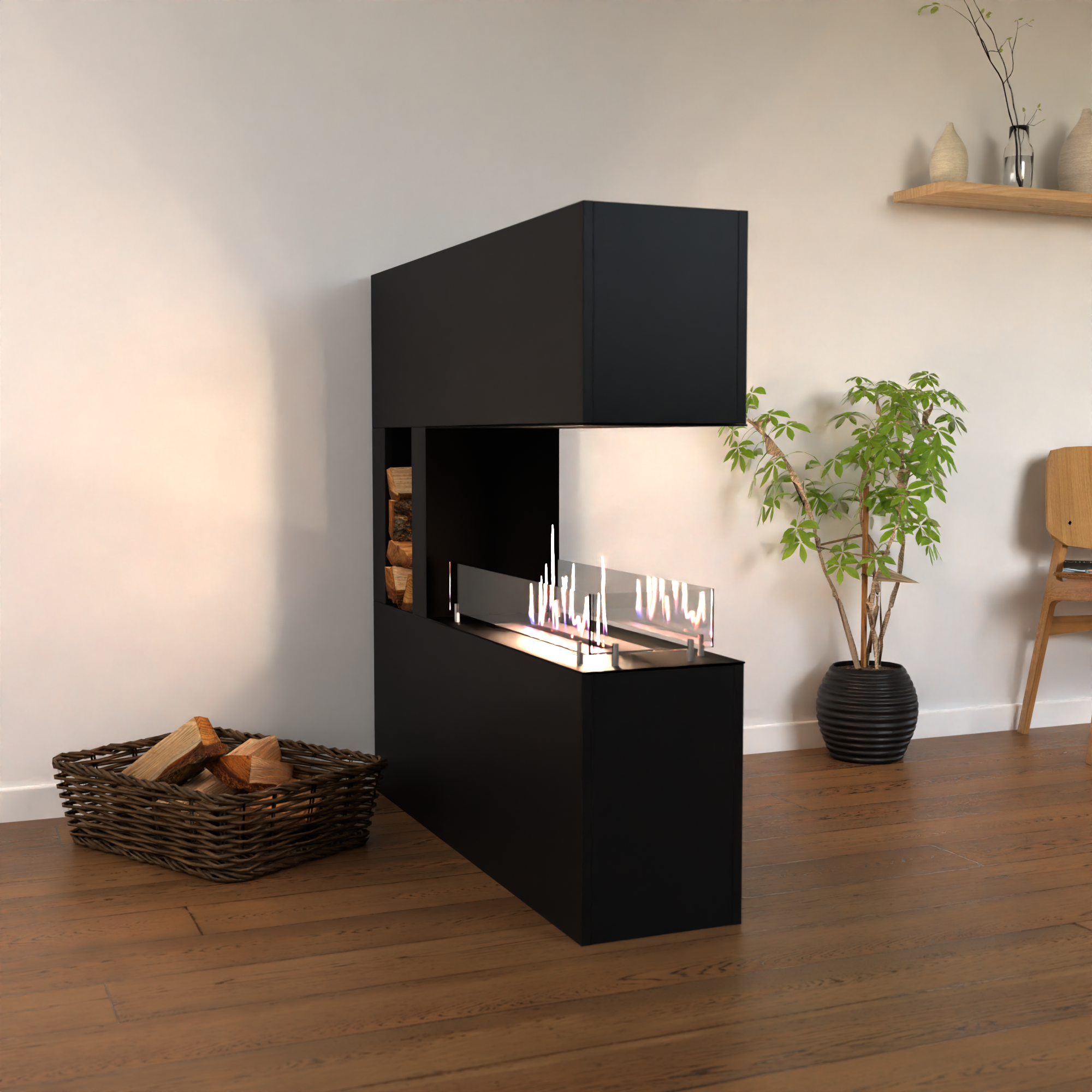 Wandmöbel hängend mit Bioethanol-Kamin